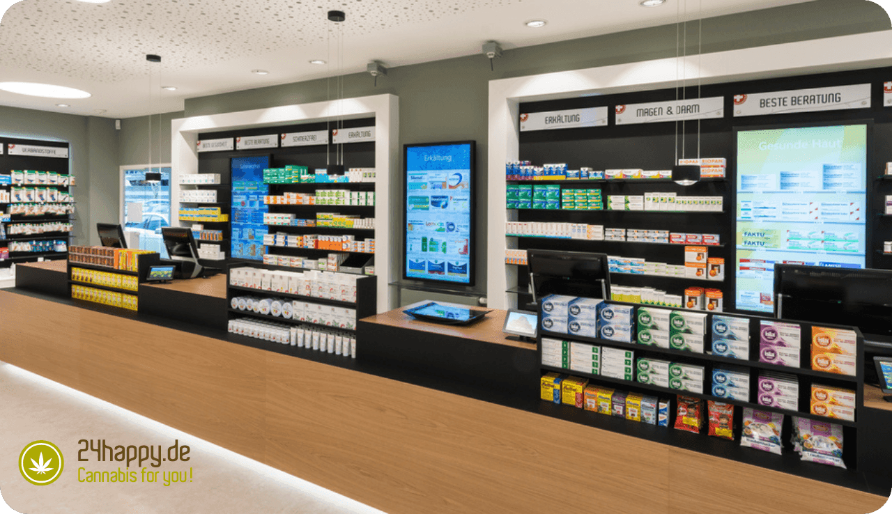 Innenansicht einer modernen Apotheke mit Regalen voller Produkte.
